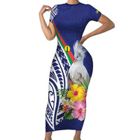 New Caledonia Kagu Bird Short Sleeve Bodycon Dress Polynesian Tropical Flowers LT9 Long Dress Blue - Polynesian Pride