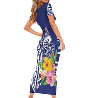 New Caledonia Kagu Bird Short Sleeve Bodycon Dress Polynesian Tropical Flowers LT9 - Polynesian Pride
