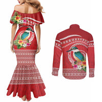 Wallis et Futuna Kingfisher Couples Matching Mermaid Dress and Long Sleeve Button Shirt Polynesian Tropical Flowers