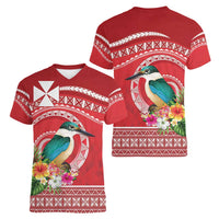 Wallis et Futuna Kingfisher Women V-Neck T-Shirt Polynesian Tropical Flowers LT9 - Polynesian Pride