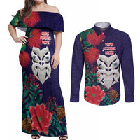 Maori Wheku Meri Kirihimete Personalised Couples Matching Off Shoulder Maxi Dress and Long Sleeve Button Shirt All Blue Indigenous Maori Motif - Polynesian Pride