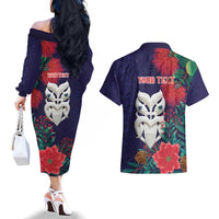Maori Wheku Meri Kirihimete Personalised Couples Matching Off The Shoulder Long Sleeve Dress and Hawaiian Shirt All Blue Indigenous Maori Motif - Polynesian Pride
