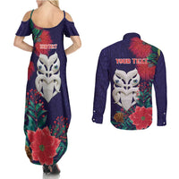 Maori Wheku Meri Kirihimete Personalised Couples Matching Summer Maxi Dress and Long Sleeve Button Shirt All Blue Indigenous Maori Motif - Polynesian Pride