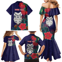 Maori Wheku Meri Kirihimete Personalised Family Matching Mermaid Dress and Hawaiian Shirt All Blue Indigenous Maori Motif - Polynesian Pride