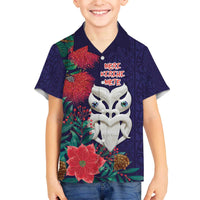 Maori Wheku Meri Kirihimete Personalised Family Matching Off The Shoulder Long Sleeve Dress and Hawaiian Shirt All Blue Indigenous Maori Motif - Polynesian Pride