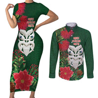 Maori Wheku Meri Kirihimete Personalised Couples Matching Short Sleeve Bodycon Dress and Long Sleeve Button Shirt All Green Indigenous Maori Motif - Polynesian Pride