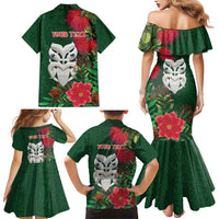 Maori Wheku Meri Kirihimete Personalised Family Matching Mermaid Dress and Hawaiian Shirt All Green Indigenous Maori Motif - Polynesian Pride