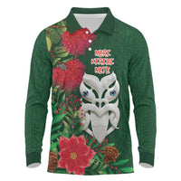Maori Wheku Meri Kirihimete Personalised Long Sleeve Polo Shirt All Green Indigenous Maori Motif - Polynesian Pride
