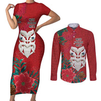Maori Wheku Meri Kirihimete Personalised Couples Matching Short Sleeve Bodycon Dress and Long Sleeve Button Shirt All Red Indigenous Maori Motif - Polynesian Pride
