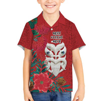Maori Wheku Meri Kirihimete Personalised Family Matching Off Shoulder Maxi Dress and Hawaiian Shirt All Red Indigenous Maori Motif - Polynesian Pride