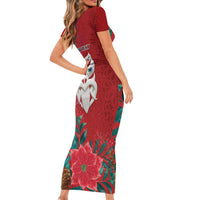 Maori Wheku Meri Kirihimete Personalised Short Sleeve Bodycon Dress All Red Indigenous Maori Motif - Polynesian Pride
