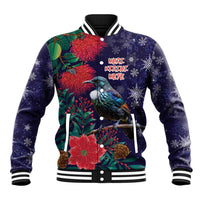 Tui Meri Kirihimete Personalised Baseball Jacket Pohutukawa Flowers Blue Motif - Polynesian Pride