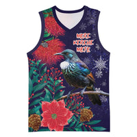 Tui Meri Kirihimete Personalised Basketball Jersey Pohutukawa Flowers Blue Motif - Polynesian Pride