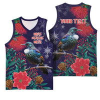 Tui Meri Kirihimete Personalised Basketball Jersey Pohutukawa Flowers Blue Motif - Polynesian Pride