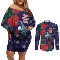 Tui Meri Kirihimete Personalised Couples Matching Off Shoulder Short Dress and Long Sleeve Button Shirt Pohutukawa Flowers Blue Motif - Polynesian Pride
