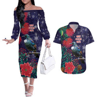 Tui Meri Kirihimete Personalised Couples Matching Off The Shoulder Long Sleeve Dress and Hawaiian Shirt Pohutukawa Flowers Blue Motif - Polynesian Pride