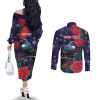 Tui Meri Kirihimete Personalised Couples Matching Off The Shoulder Long Sleeve Dress and Long Sleeve Button Shirt Pohutukawa Flowers Blue Motif - Polynesian Pride