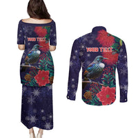 Tui Meri Kirihimete Personalised Couples Matching Puletasi and Long Sleeve Button Shirt Pohutukawa Flowers Blue Motif - Polynesian Pride