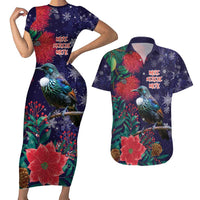 Tui Meri Kirihimete Personalised Couples Matching Short Sleeve Bodycon Dress and Hawaiian Shirt Pohutukawa Flowers Blue Motif - Polynesian Pride