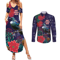 Tui Meri Kirihimete Personalised Couples Matching Summer Maxi Dress and Long Sleeve Button Shirt Pohutukawa Flowers Blue Motif - Polynesian Pride