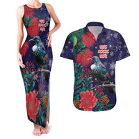 Tui Meri Kirihimete Personalised Couples Matching Tank Maxi Dress and Hawaiian Shirt Pohutukawa Flowers Blue Motif - Polynesian Pride