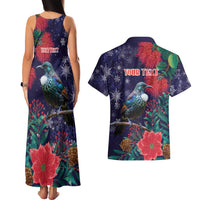 Tui Meri Kirihimete Personalised Couples Matching Tank Maxi Dress and Hawaiian Shirt Pohutukawa Flowers Blue Motif - Polynesian Pride