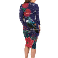 Tui Meri Kirihimete Personalised Family Matching Long Sleeve Bodycon Dress and Hawaiian Shirt Pohutukawa Flowers Blue Motif - Polynesian Pride