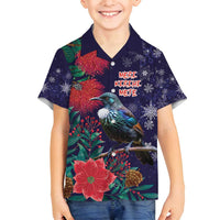 Tui Meri Kirihimete Personalised Family Matching Summer Maxi Dress and Hawaiian Shirt Pohutukawa Flowers Blue Motif - Polynesian Pride