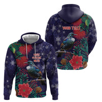 Tui Meri Kirihimete Personalised Hoodie Pohutukawa Flowers Blue Motif - Polynesian Pride