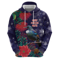 Tui Meri Kirihimete Personalised Hoodie Pohutukawa Flowers Blue Motif - Polynesian Pride