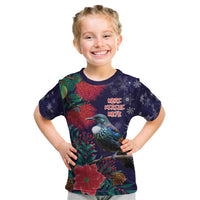 Tui Meri Kirihimete Personalised Kid T Shirt Pohutukawa Flowers Blue Motif - Polynesian Pride