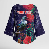 Tui Meri Kirihimete Personalised Kimono Sleeve Blouse Pohutukawa Flowers Blue Motif - Polynesian Pride