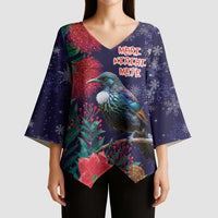 Tui Meri Kirihimete Personalised Kimono Sleeve Blouse Pohutukawa Flowers Blue Motif - Polynesian Pride