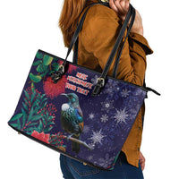 Tui Meri Kirihimete Personalised Leather Tote Bag Pohutukawa Flowers Blue Motif - Polynesian Pride
