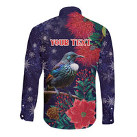 Tui Meri Kirihimete Personalised Long Sleeve Button Shirt Pohutukawa Flowers Blue Motif - Polynesian Pride