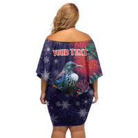 Tui Meri Kirihimete Personalised Off Shoulder Short Dress Pohutukawa Flowers Blue Motif - Polynesian Pride