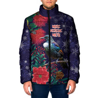 Tui Meri Kirihimete Personalised Padded Jacket Pohutukawa Flowers Blue Motif - Polynesian Pride