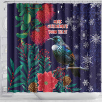 Tui Meri Kirihimete Personalised Shower Curtain Pohutukawa Flowers Blue Motif - Polynesian Pride
