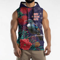 Tui Meri Kirihimete Personalised Sleeveless Hoodie Pohutukawa Flowers Blue Motif - Polynesian Pride