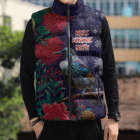 Tui Meri Kirihimete Personalised Sleeveless Puffer Jacket Pohutukawa Flowers Blue Motif - Polynesian Pride
