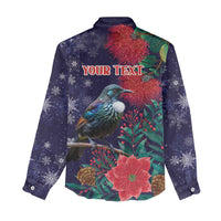 Tui Meri Kirihimete Personalised Women Casual Shirt Pohutukawa Flowers Blue Motif - Polynesian Pride