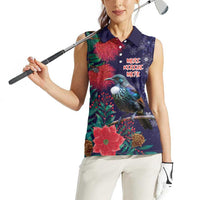 Tui Meri Kirihimete Personalised Women Sleeveless Polo Shirt Pohutukawa Flowers Blue Motif - Polynesian Pride