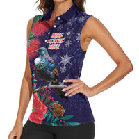 Tui Meri Kirihimete Personalised Women Sleeveless Polo Shirt Pohutukawa Flowers Blue Motif - Polynesian Pride