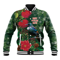 Tui Meri Kirihimete Personalised Baseball Jacket Pohutukawa Flowers Green Motif - Polynesian Pride