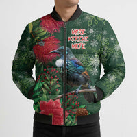 Tui Meri Kirihimete Personalised Bomber Puffer Jacket Pohutukawa Flowers Green Motif - Polynesian Pride