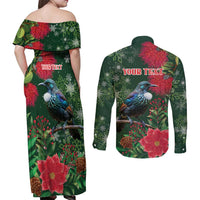 Tui Meri Kirihimete Personalised Couples Matching Off Shoulder Maxi Dress and Long Sleeve Button Shirt Pohutukawa Flowers Green Motif - Polynesian Pride