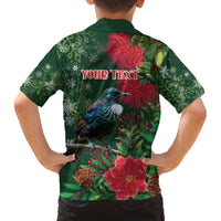 Tui Meri Kirihimete Personalised Family Matching Off The Shoulder Long Sleeve Dress and Hawaiian Shirt Pohutukawa Flowers Green Motif - Polynesian Pride