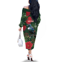 Tui Meri Kirihimete Personalised Family Matching Off The Shoulder Long Sleeve Dress and Hawaiian Shirt Pohutukawa Flowers Green Motif - Polynesian Pride