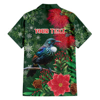 Tui Meri Kirihimete Personalised Family Matching Summer Maxi Dress and Hawaiian Shirt Pohutukawa Flowers Green Motif - Polynesian Pride