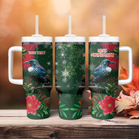 Tui Meri Kirihimete Personalised Tumbler With Handle Pohutukawa Flowers Green Motif - Polynesian Pride